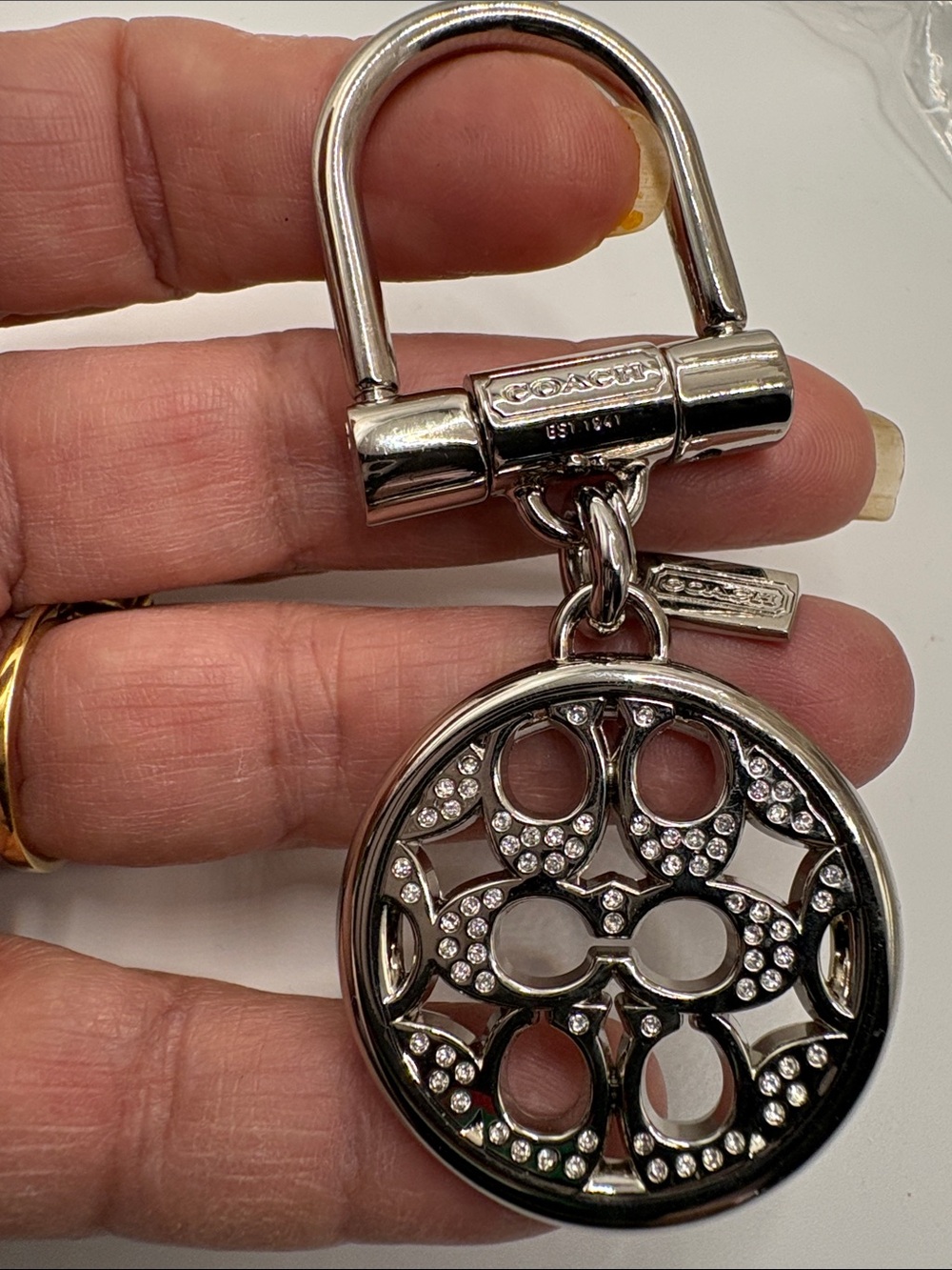 Coach Silver-Tone Crystal Round Key & Card Holder Charm
